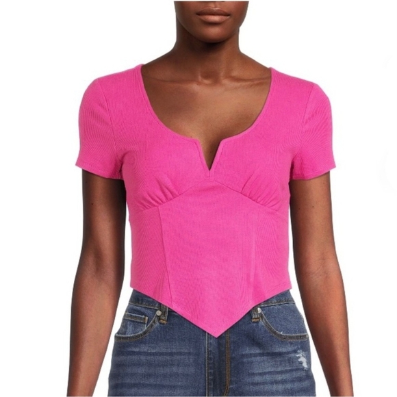 Madden NYC Pink Ribbed Cropped Short Sleeve Top V-point Hem Junior Size XL - Picture 1 of 10
